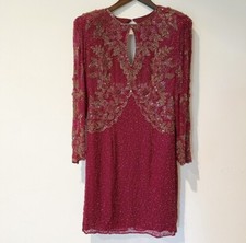 Vintage Peak Sequined Beaded Keyhole Invisible Zipper Lined Silk Dress Size 12