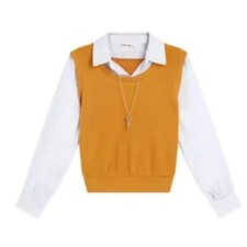 Amy Byer Girls Size Large 14 2Fer Vest Blouse Mustard Yellow White Collar Long