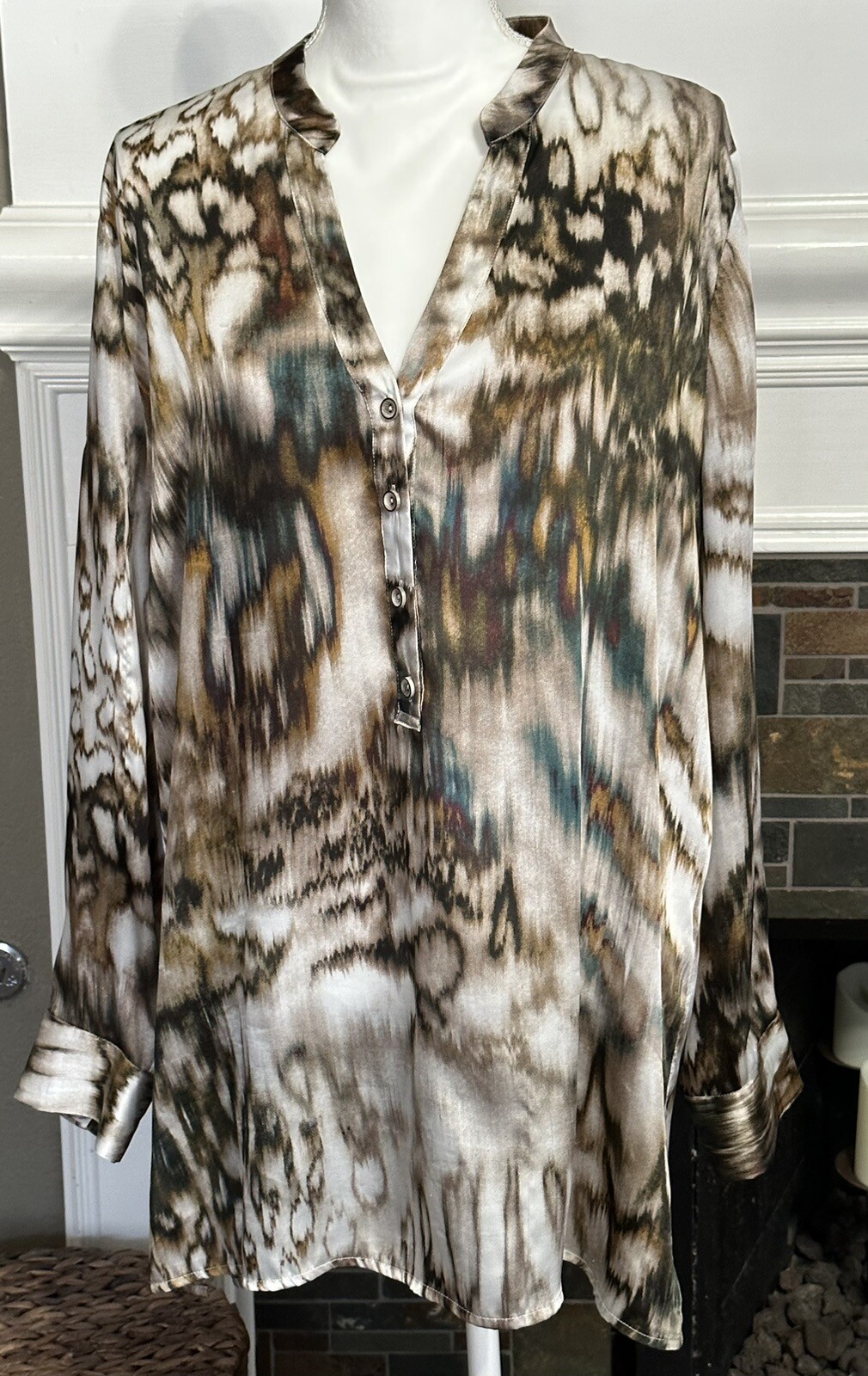 Soft Surroundings Brown Patterned Top Blouse Poly… - image 1