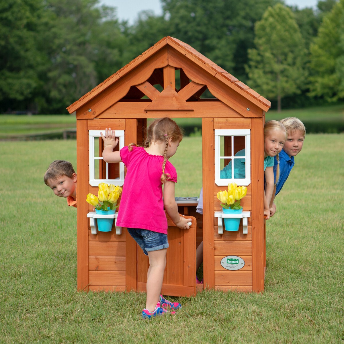 Wood Playhouse Kids Outdoor Cedar Backyard Play Cottage Children