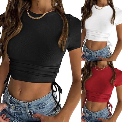 Women's Cotton Scoop Neck Crop Top - Basic Short Sleeve T-Shirt, Army Green, Size S