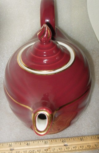 Vintage Hall 6 Cup Teapot Aladdin Genie Style USA Maroon With Gold Trim MCM - Picture 11 of 13