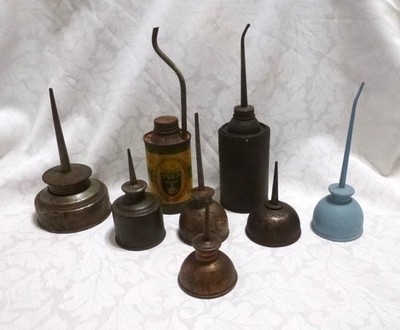 8 MINI OIL/FUEL CANS: INCL SVEA, TEXACO (CARDBOARD), SINGER, EAGLE