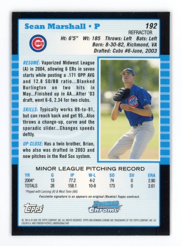2005 Bowman Chrome Sean Marshall Refractor #192 1st Year Rookie Card RC Cubs MLB - Image 2 of 3