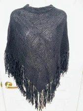 Cejon  Poncho/Cape  Black Knit w/ Fringe Women's SZ Small Acrylic/Nylon