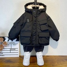New Down Cotton Jacket Boys Black Hooded Coat Teenage 3-8Y Kids Parka