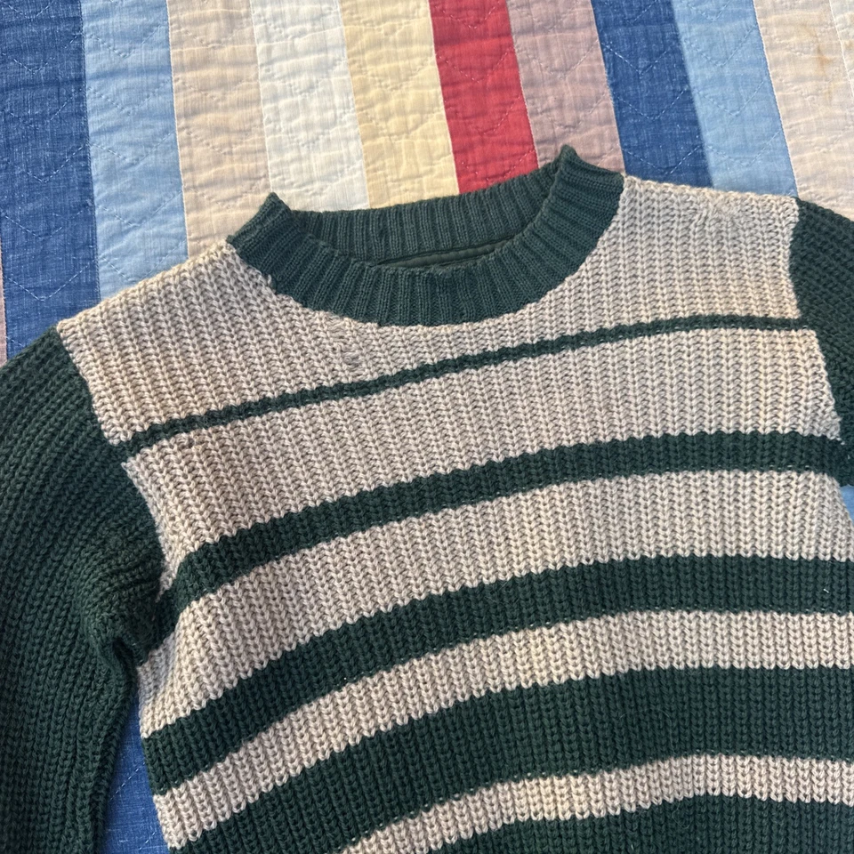 Blusa ajustada vintage 1930 verde e creme listrada malha suéter pull over - Imagem 3 de 4