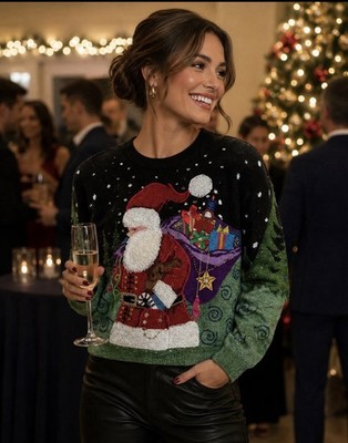 Philip Jane Gordon Christmas Sweater M Medium Santa 3D Beaded Cardigan Vintage