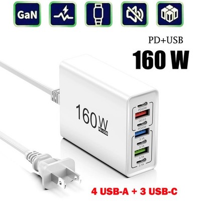 160W 7-Port USB C Fast Wall Charger Block Charging Station for Multiple Devices