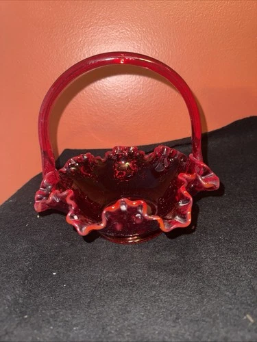 VTG FENTON Ruby Red Basket With Grapes And Leaves. 6 Inch