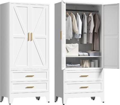 71'' Metal Armoire Closet Wardrobe With Hanging Rail And 2 Drawers For Bedroom