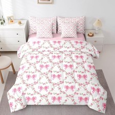Pink Bowknot 7Pcs Comforter Set Size,Rose Flower Geometric Full Pink Green