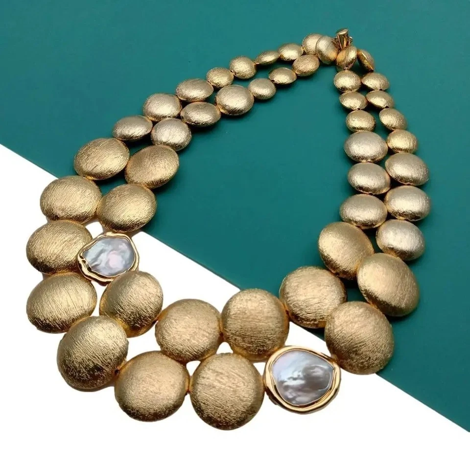 2 Row Gold Colour Coin Bead White Pearl Necklace Fashion Women Jewelry Gift - Image 3 of 4