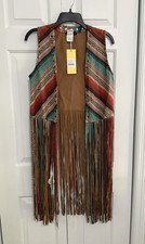 Retro Style Brown Faux Suede Fringe Vest Geometric Boho Western NWT Small