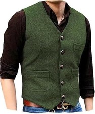 Mens Vintage Tweed Suit Vest V Neck Casual Wool Waistcoat for X-Small Green