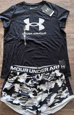 NWT Under Armour YXL Girls Black/White Camouflage Printed Shorts Set XL