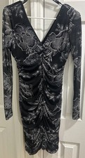 Pre-Owned GUESS Black Floral Ruched Bodycon Dress Long Sleeve Women’s