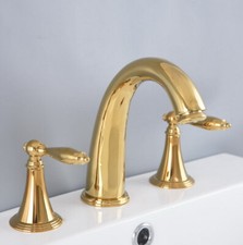 Golden Brass Bathroom Vanity Sink 3-Hole Dual Handles Widespread Faucet Tub Tap