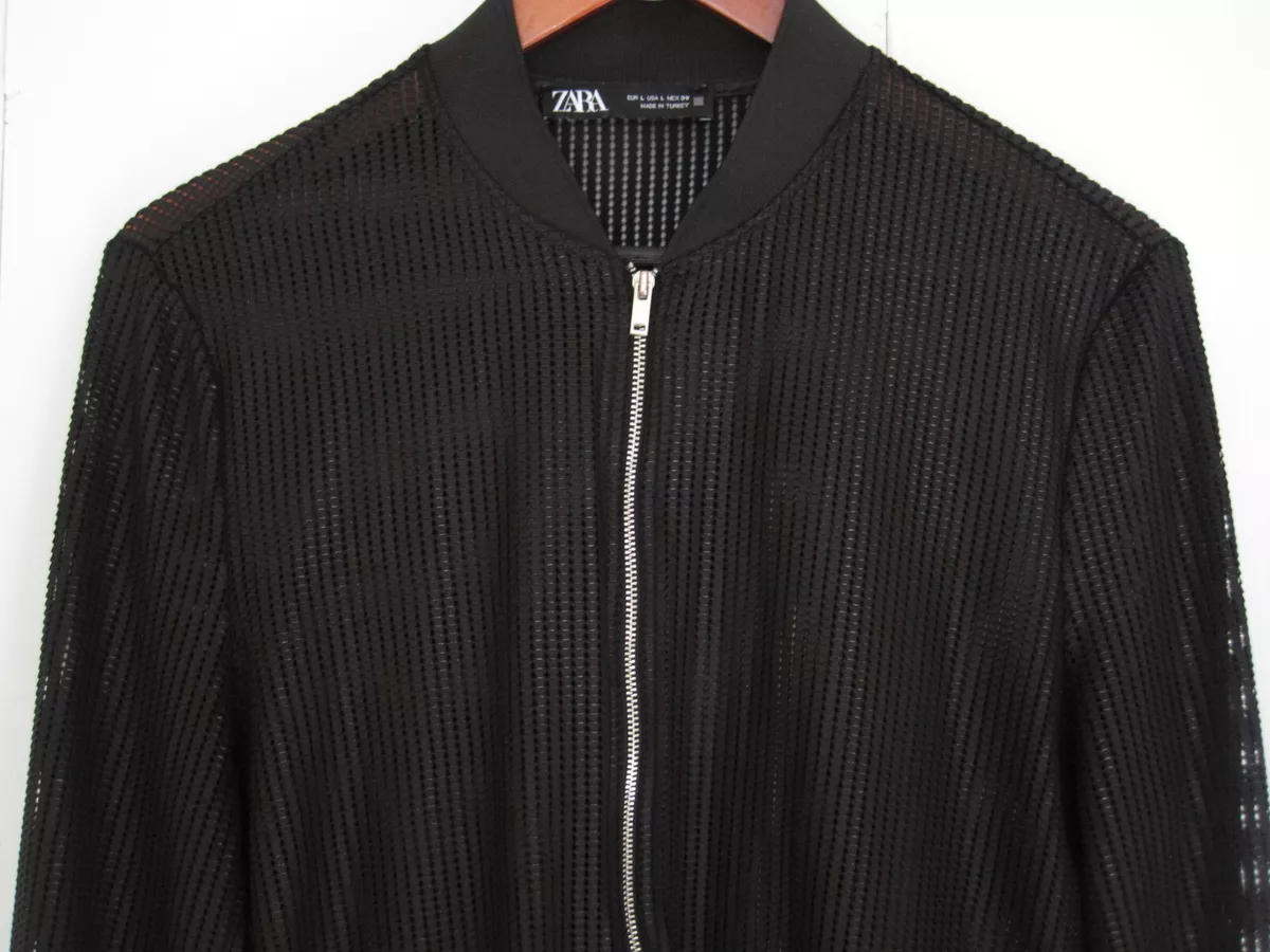 ZARA Jacket Black Mesh Sheer Long Sleeve Full Zip Bomber Women s Size Large