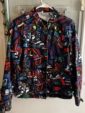 Chicos Jacket Button Front Open Cuff Brght Colorful EUC Sz 1 M Mandarin Collar