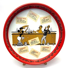 Vintage 1950s Gay Fad Tin Round Bar Serving Tray with Cocktail Recipes