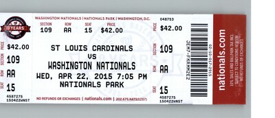 Cardinals vs Washington Nationals 4/22/2015 Full Ticket  - Ryan Zimmerman 2H/2R