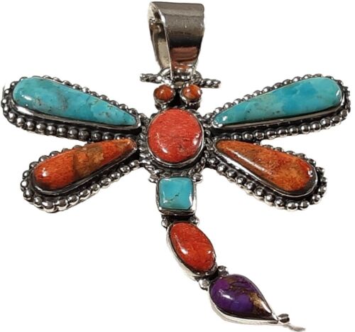 925 STERLING DRAGONFLY SPINY CORAL TURQUOISE 1 7/8" x 1 5/8" PENDANT 6.98g - Picture 1 of 4