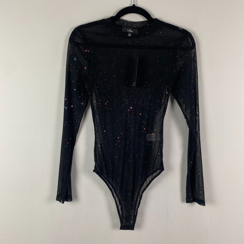 Lulus Strike an Attitude Black Mesh Multi Embellished Mesh Bodysuit Small