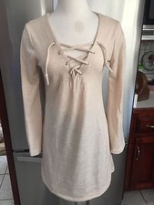 BEIGE OATMEAL CREAM SZ S LACE UP TIE FRONT BELL SLEEVE SWEATER DRESS