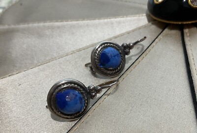J&J Sterling Silver 925 Blue Stone 1 Inch Dangle Drop Earrings