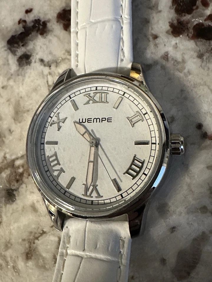 Reloj romano WEMPE unisex de acero inoxidable con correa de cuero blanco cara de cristal sellado Foto 3 de 4