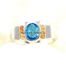Blue Topaz Oval Cut Gemstone With 925 Sterling Silver Ring For Men's #A908 *