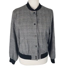 Shinestar Black White Red Plaid Front Snap Button Glen Cropped Bomber Jacket S