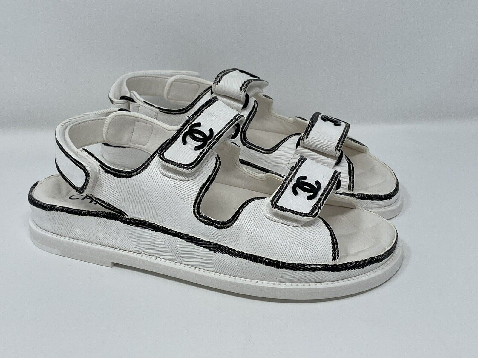 Chanel Dad Sandals 22C White Black Graffiti CC Logo Mule Slide Strap Size  36.5