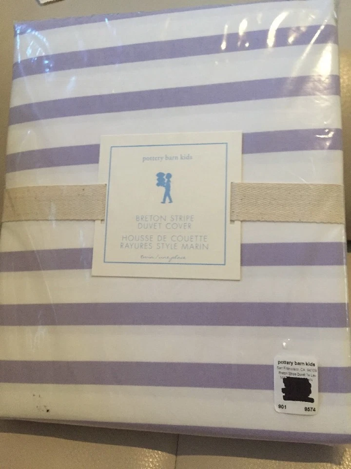 2 piezas Nuevo con etiquetas Edredón Pottery Barn Kids Bretón Rayas DOBLE y Simula Púrpura Lavanda/Blanco Foto 2 de 4