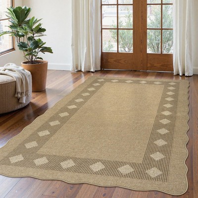 LIVEBOX Easy Jute Diamond Rug for Living Room, Scalloped Washable 5x7 Tan Rug...