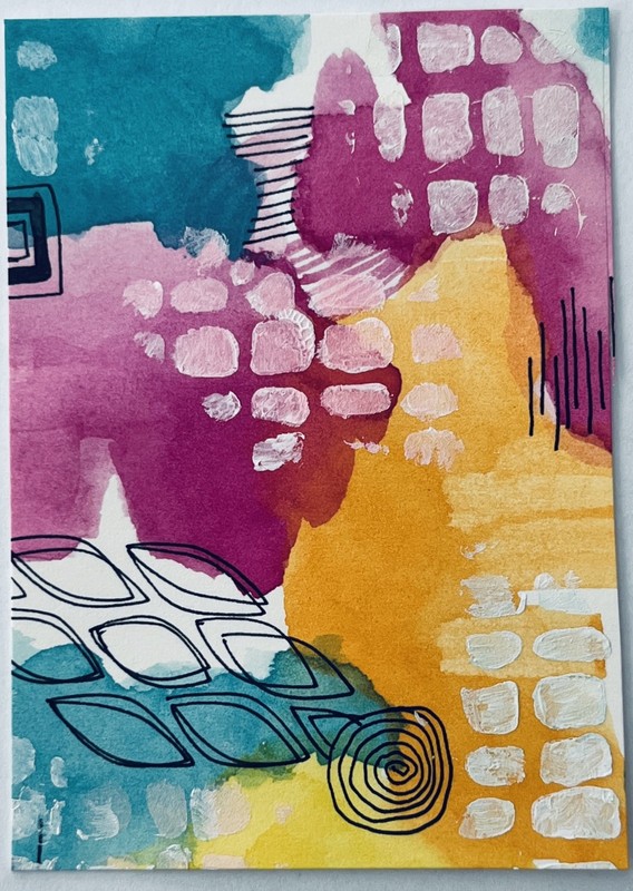 ACEO Original Abstract Watercolor Acrylic Ink Painting Pink Orange Teal OOAK