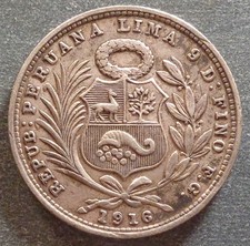 Peru, Silver 1/5 Sol, 1916, toned