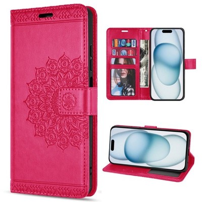Handyhülle für iPhone 15 Plus Klapphülle PU Leder Tasche Kartenfach Pink