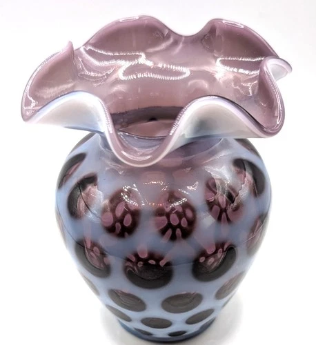 Fenton Plum Purple Opalescent Coin Dot Ruffled Vase 5 inch windows 2002 #2463 EJ