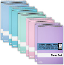Steno Pads Spiral 6x9, 10 Pack, Gregg Ruled, 80 Sheets, Assorted Pastel Covers,