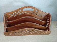 VINTAGE HAND CARVED OPEN WORK WOODEN LETTER RACK, DESK ORGANISER, COUNTRY STYLE