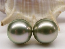 Pair of 11-12mm South Sea Genuine Green Greenish Round Loose Pearl Undrilled 71