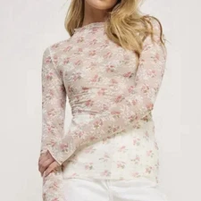 Sweet Lemon Women’s Medium Long Sleeve Sheer Floral Lace Blouse Top Fitted