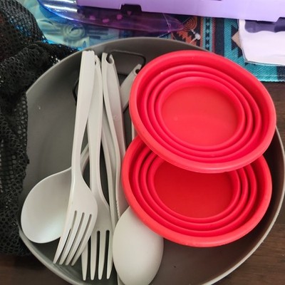 Ozark Trail Portable Camping Tableware Set Bowls Plates Forks Spoons Red