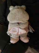 Grey Hippo with Pink Ballerina Plush Stuffed Animal 9" Standing Russ Berrie