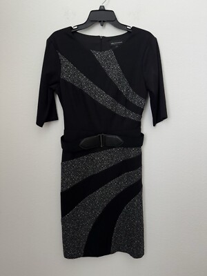 Connected Apparel Women's Black Gray Knit Bodycon Dress Belted Size 8