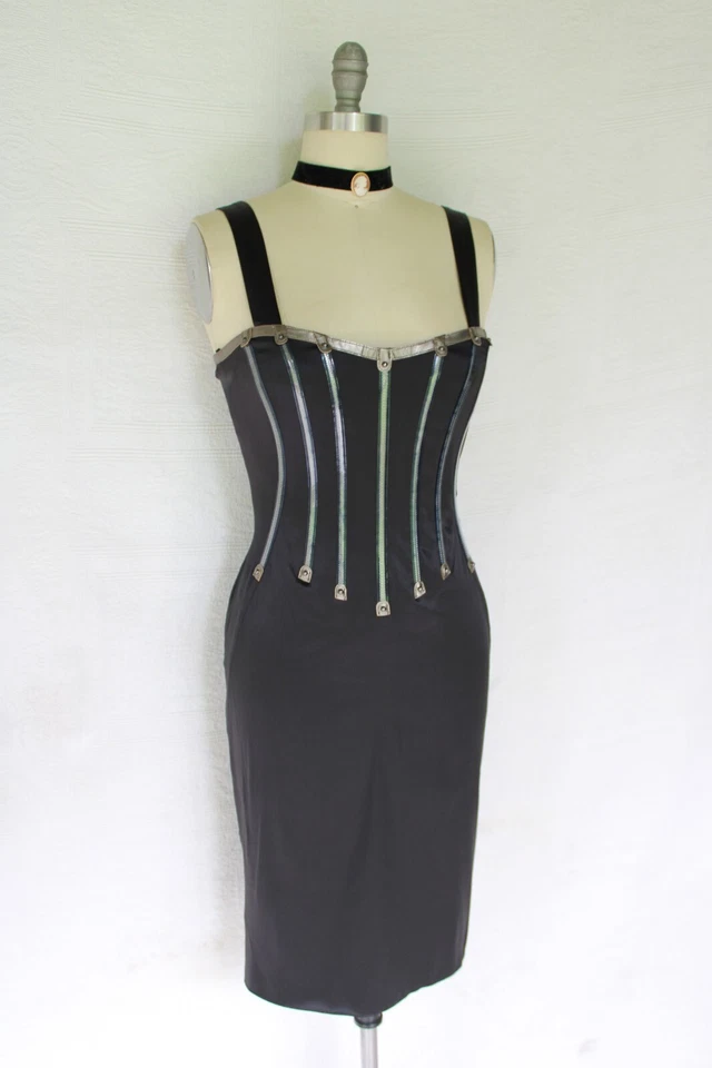 Vintage DOLCE & GABBANA stretch silk leather corset boning girdle wiggle dress - Image 3 of 4