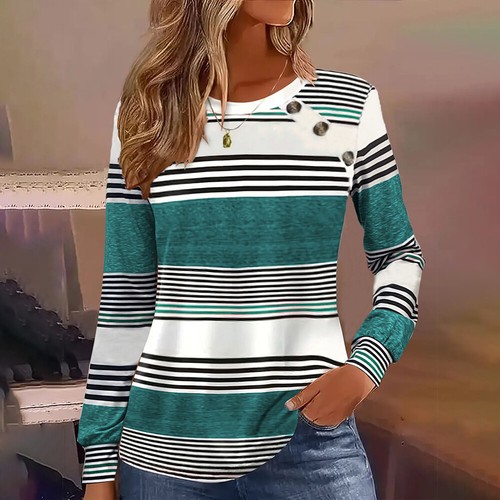 Women Striped Crew Neck Long Sleeve Casual T-Shirt Button Tunic Tops Blouse Tee - Picture 9 of 21