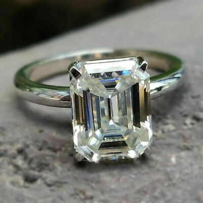 9x7mm Emerald Cut VVS1 Moissanite Engagement Ring In 14K White Gold Plated